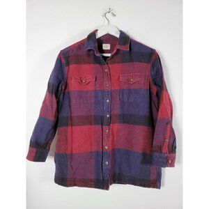 Marine Layer Womens Medium Button Up Plaid Flannel Shirt Red Navy 3/4 Sleeve